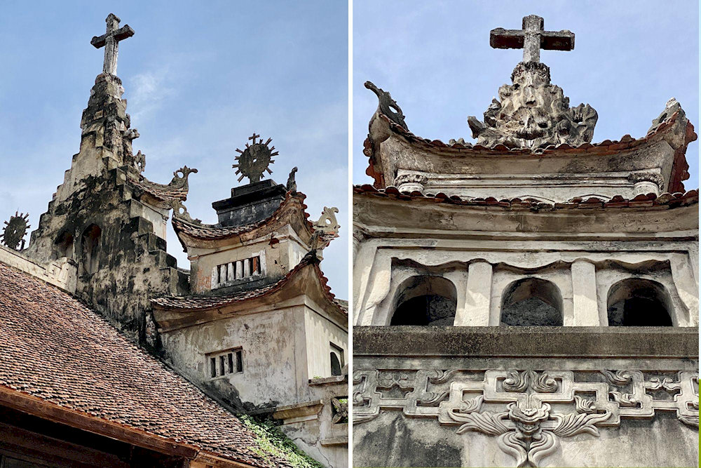 The tower's roof, with curved tiles and a cross symbol, blends Gothic and Vietnamese architectural 